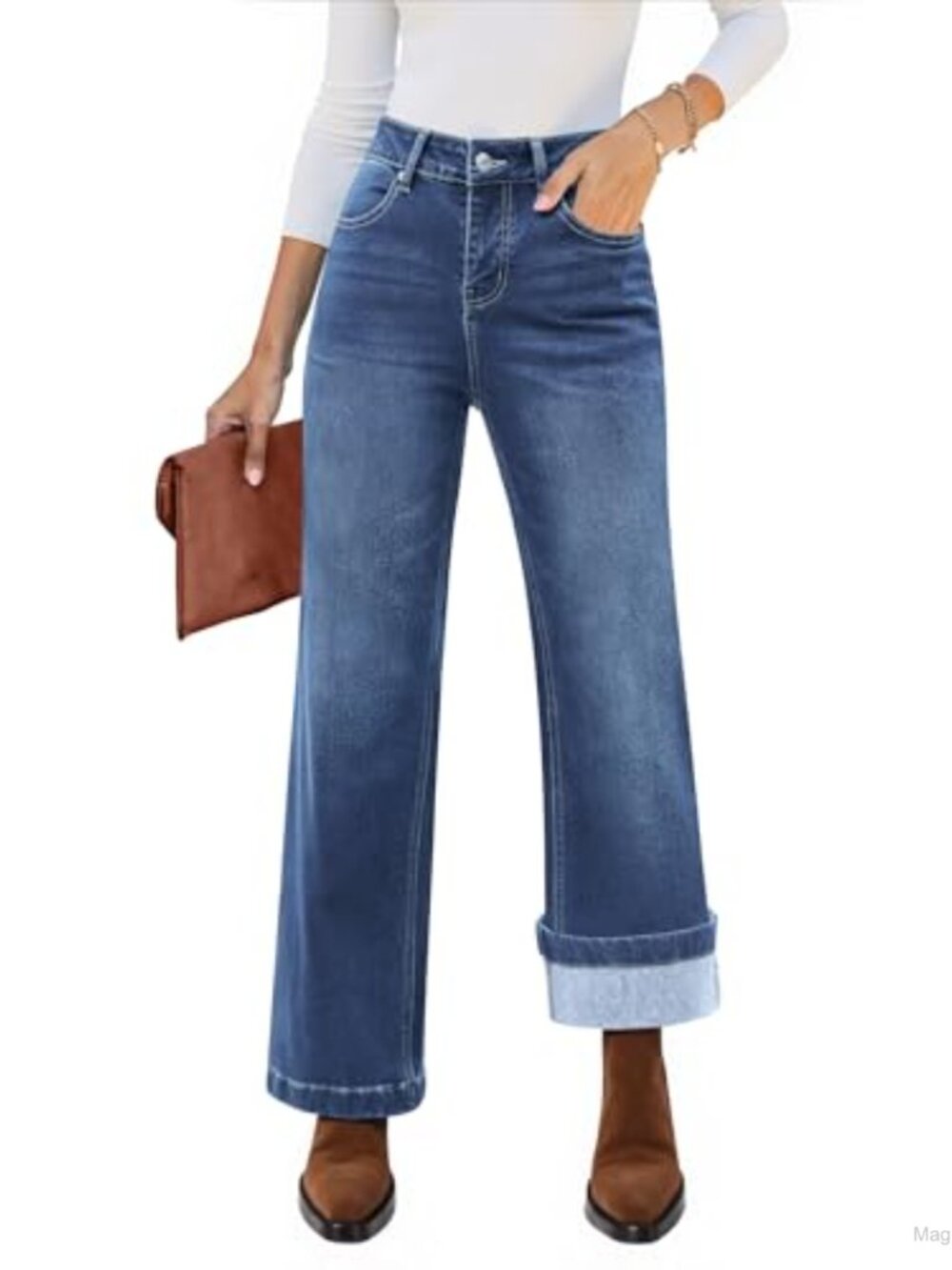 Fleece Lined High Waisted Wide Leg Flare Jeans Stretchy Denim Pants